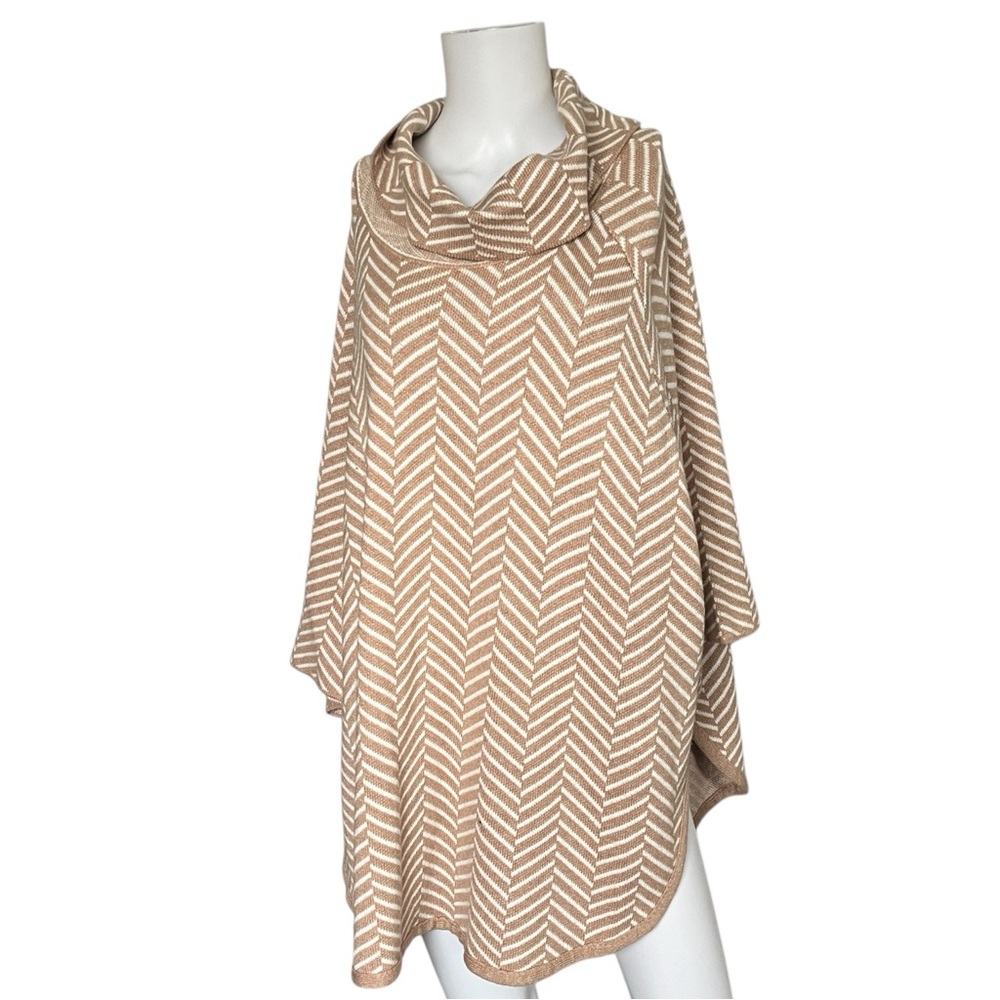 Loft Ann Taylor Poncho Womens M/L Cowl Neck Cape Sweater Herringbone Tan White